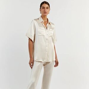 NWT Dissh Simone Satin Short Sleeve Button Front Blouse Top